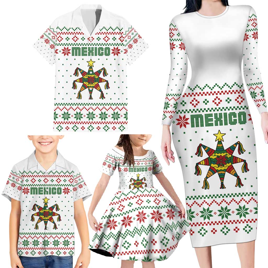 Mexico Christmas Family Matching Long Sleeve Bodycon Dress and Hawaiian Shirt with Piñata Star Design and Red Green Snowflake Pattern - Wonder Print Shop