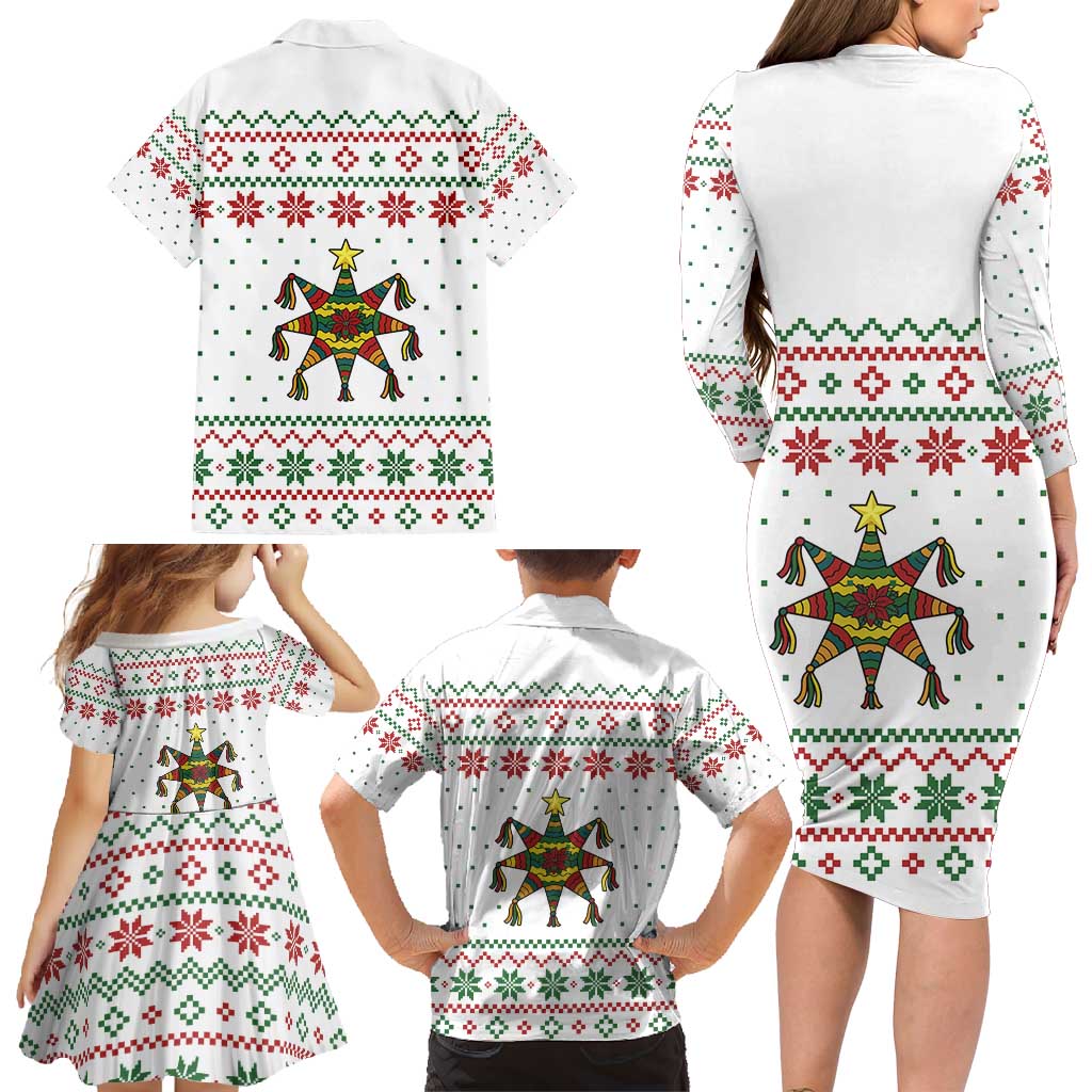 Mexico Christmas Family Matching Long Sleeve Bodycon Dress and Hawaiian Shirt with Piñata Star Design and Red Green Snowflake Pattern - Wonder Print Shop