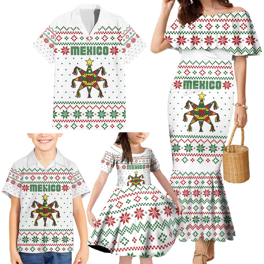 Mexico Christmas Family Matching Mermaid Dress and Hawaiian Shirt with Piñata Star Design and Red Green Snowflake Pattern - Wonder Print Shop