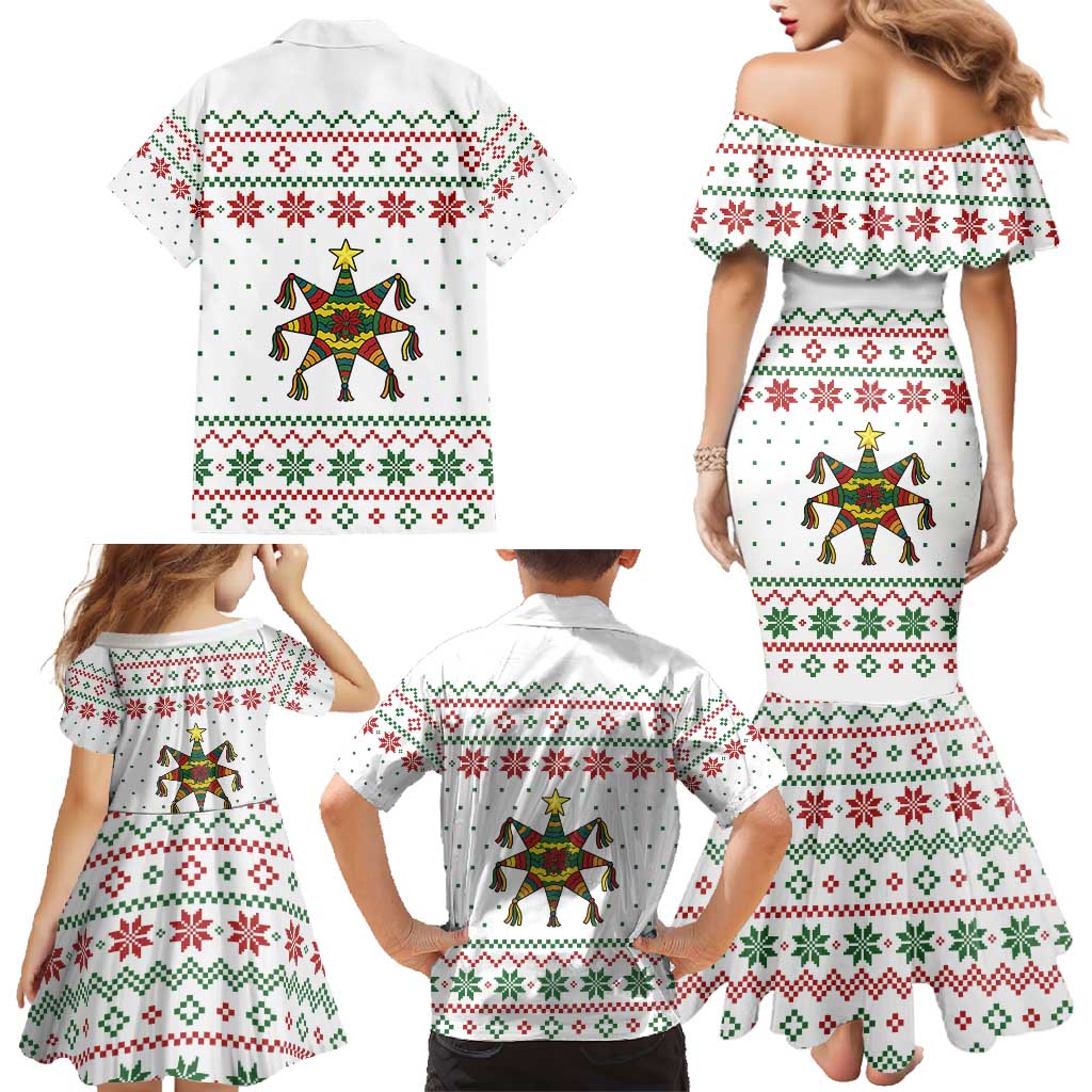 Mexico Christmas Family Matching Mermaid Dress and Hawaiian Shirt with Piñata Star Design and Red Green Snowflake Pattern - Wonder Print Shop