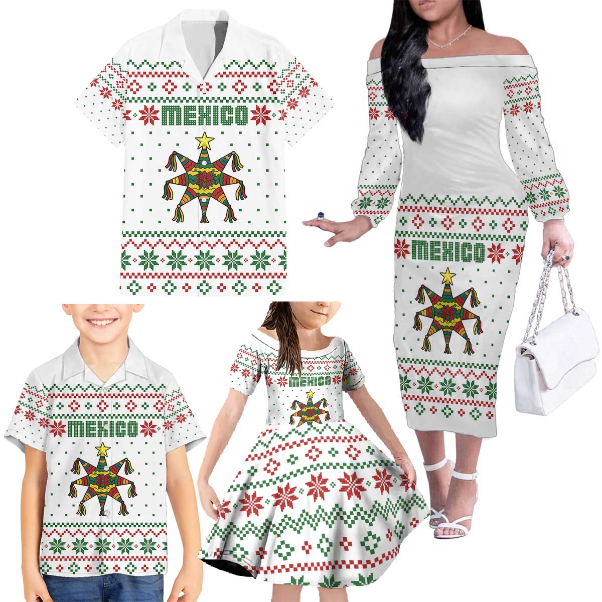 Mexico Christmas Family Matching Off The Shoulder Long Sleeve Dress and Hawaiian Shirt with Piñata Star Design and Red Green Snowflake Pattern - Wonder Print Shop