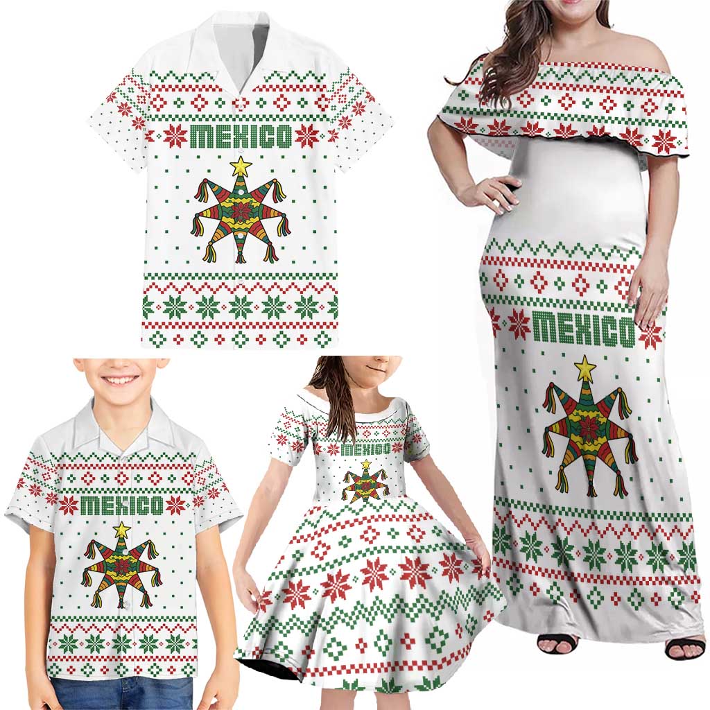 Mexico Christmas Family Matching Off Shoulder Maxi Dress and Hawaiian Shirt with Piñata Star Design and Red Green Snowflake Pattern - Wonder Print Shop