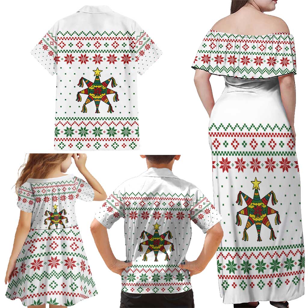Mexico Christmas Family Matching Off Shoulder Maxi Dress and Hawaiian Shirt with Piñata Star Design and Red Green Snowflake Pattern - Wonder Print Shop