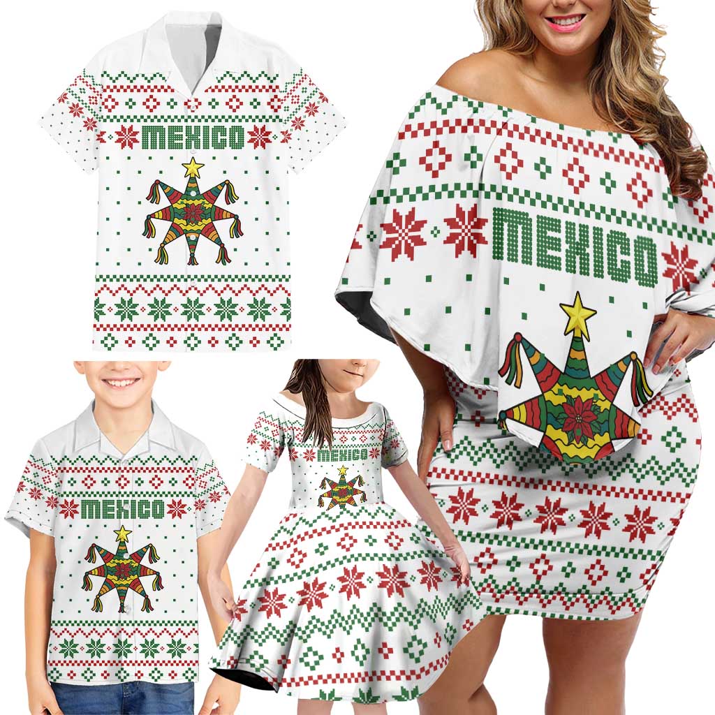 Mexico Christmas Family Matching Off Shoulder Short Dress and Hawaiian Shirt with Piñata Star Design and Red Green Snowflake Pattern - Wonder Print Shop