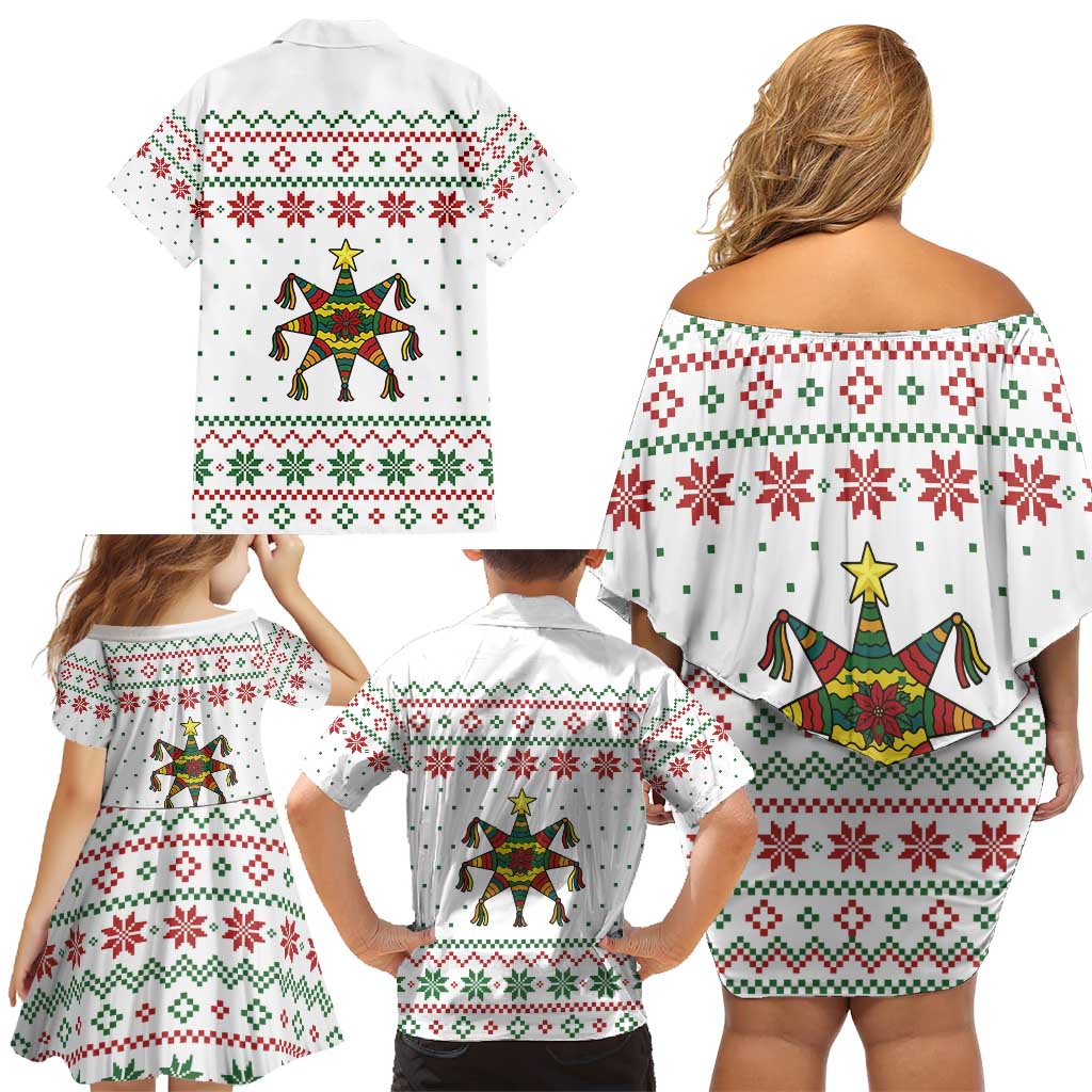 Mexico Christmas Family Matching Off Shoulder Short Dress and Hawaiian Shirt with Piñata Star Design and Red Green Snowflake Pattern - Wonder Print Shop