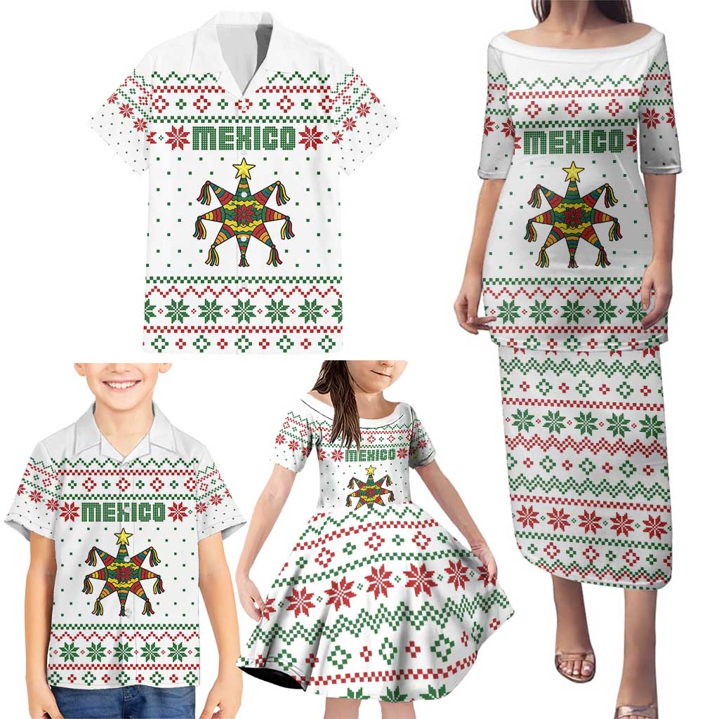 Mexico Christmas Family Matching Puletasi and Hawaiian Shirt with Piñata Star Design and Red Green Snowflake Pattern - Wonder Print Shop