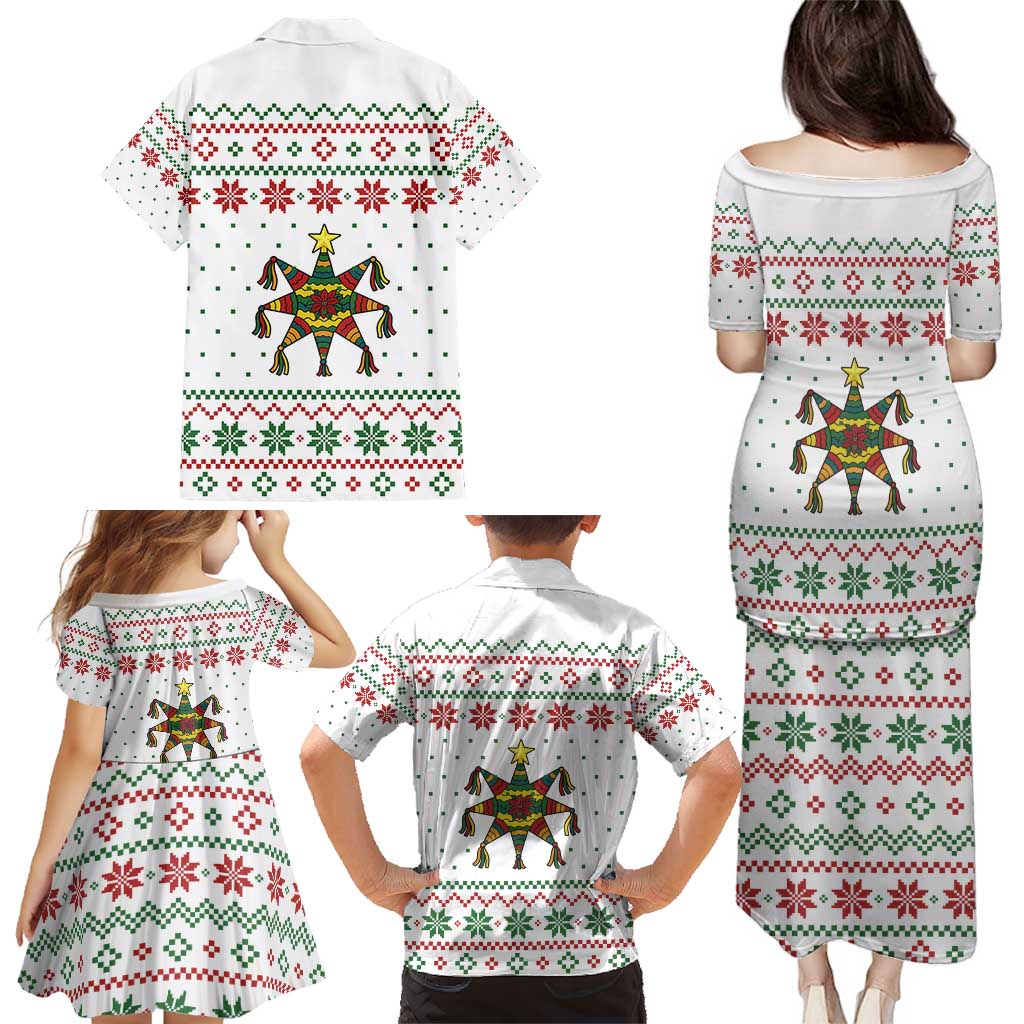 Mexico Christmas Family Matching Puletasi and Hawaiian Shirt with Piñata Star Design and Red Green Snowflake Pattern - Wonder Print Shop