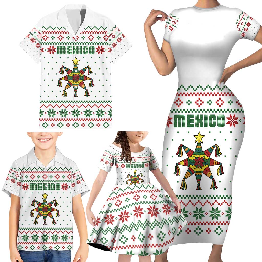 Mexico Christmas Family Matching Short Sleeve Bodycon Dress and Hawaiian Shirt with Piñata Star Design and Red Green Snowflake Pattern - Wonder Print Shop