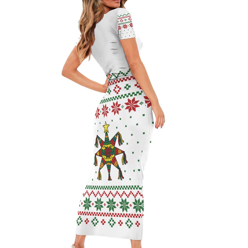 Mexico Christmas Family Matching Short Sleeve Bodycon Dress and Hawaiian Shirt with Piñata Star Design and Red Green Snowflake Pattern - Wonder Print Shop