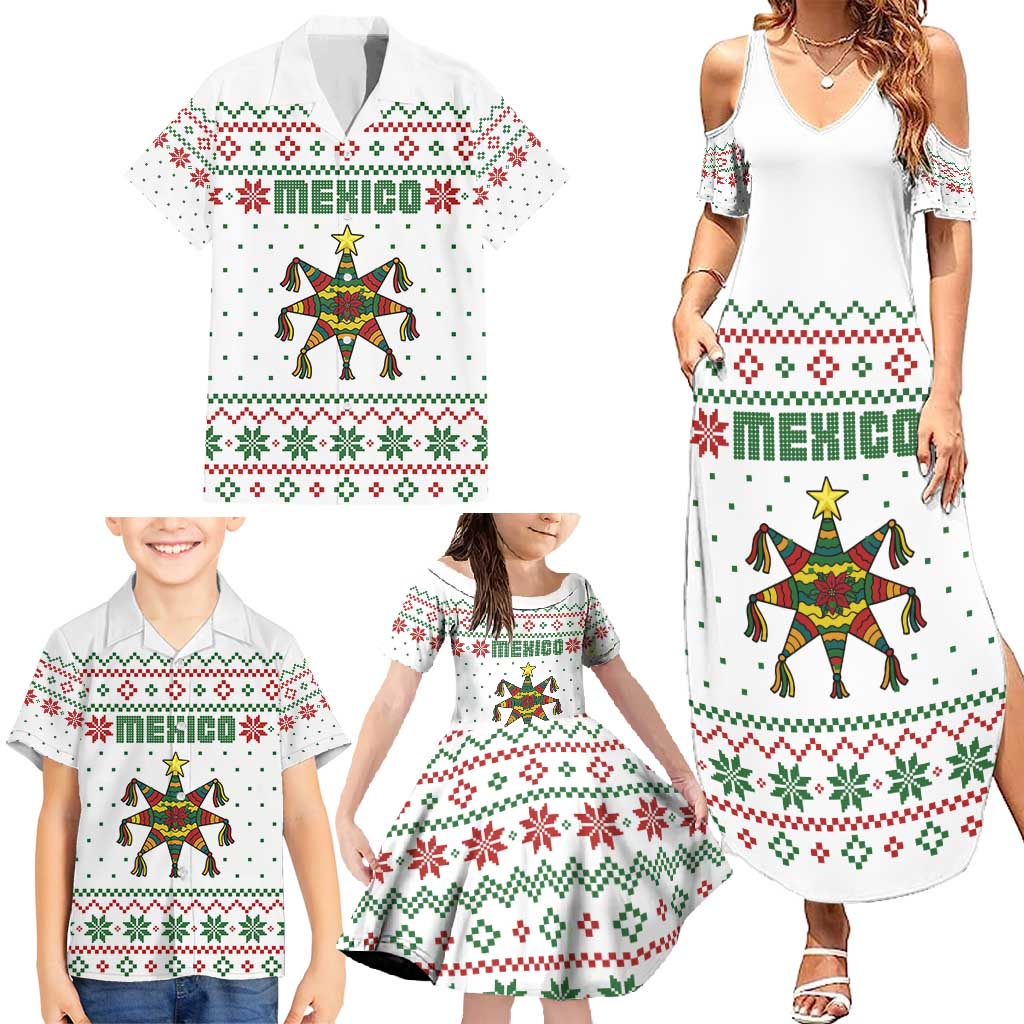 Mexico Christmas Family Matching Summer Maxi Dress and Hawaiian Shirt with Piñata Star Design and Red Green Snowflake Pattern - Wonder Print Shop