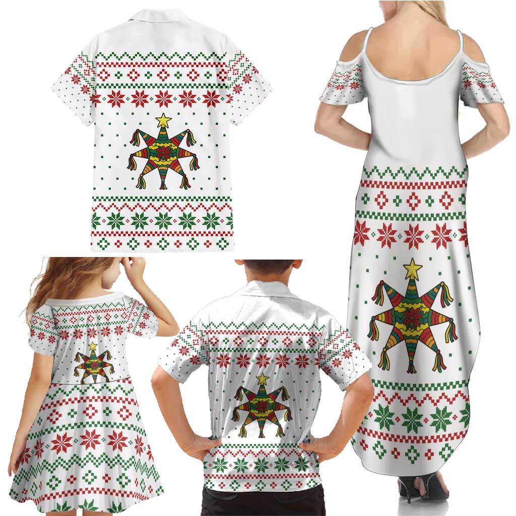 Mexico Christmas Family Matching Summer Maxi Dress and Hawaiian Shirt with Piñata Star Design and Red Green Snowflake Pattern - Wonder Print Shop