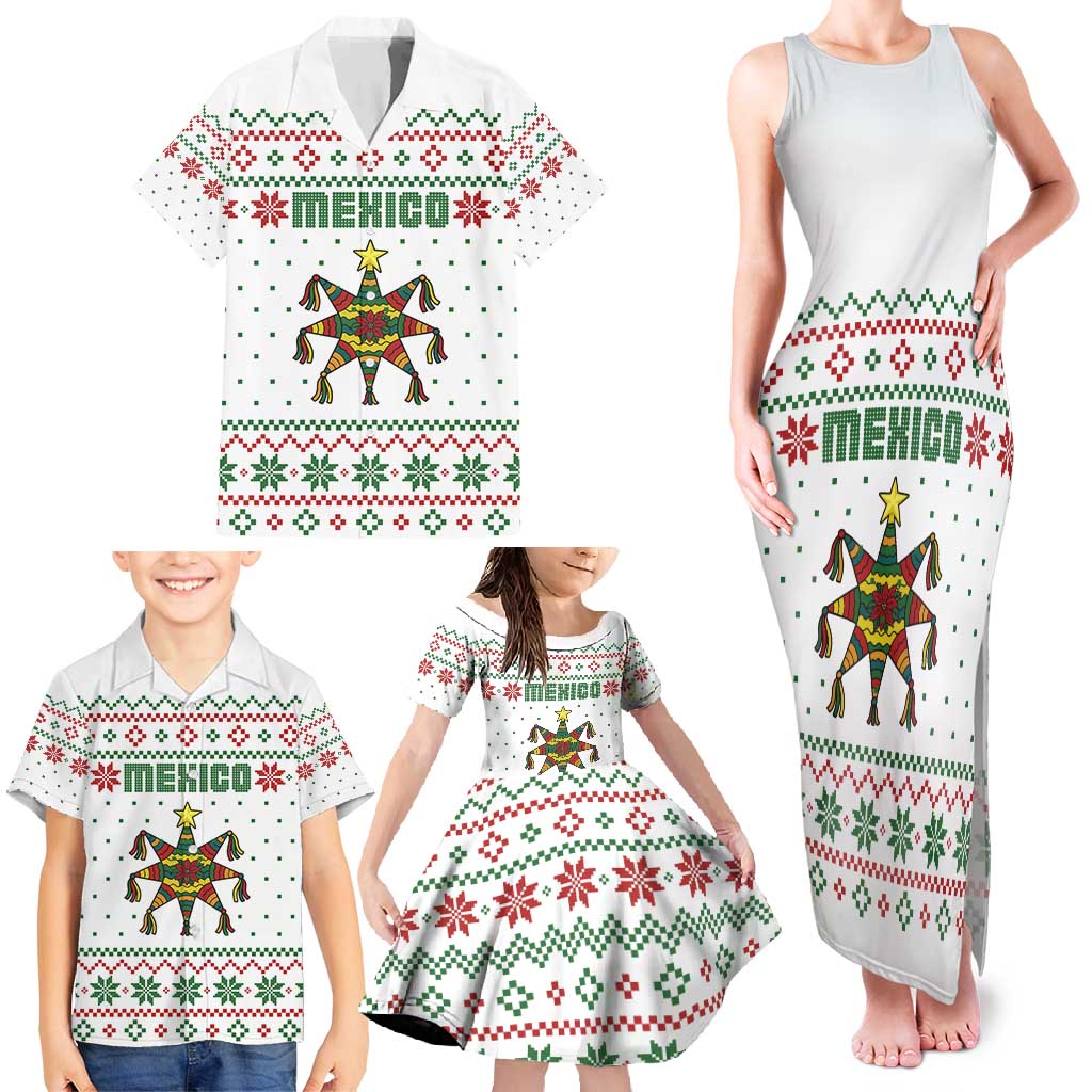 Mexico Christmas Family Matching Tank Maxi Dress and Hawaiian Shirt with Piñata Star Design and Red Green Snowflake Pattern - Wonder Print Shop