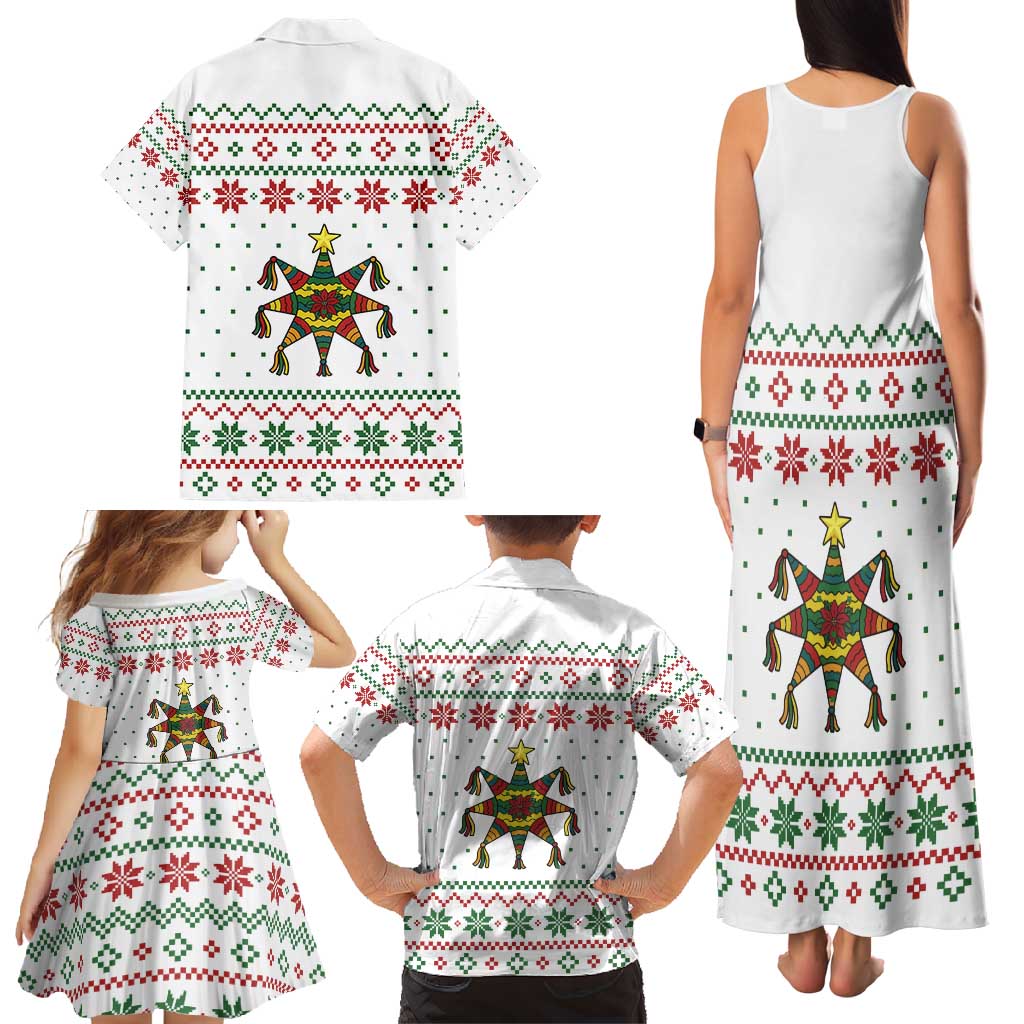 Mexico Christmas Family Matching Tank Maxi Dress and Hawaiian Shirt with Piñata Star Design and Red Green Snowflake Pattern - Wonder Print Shop