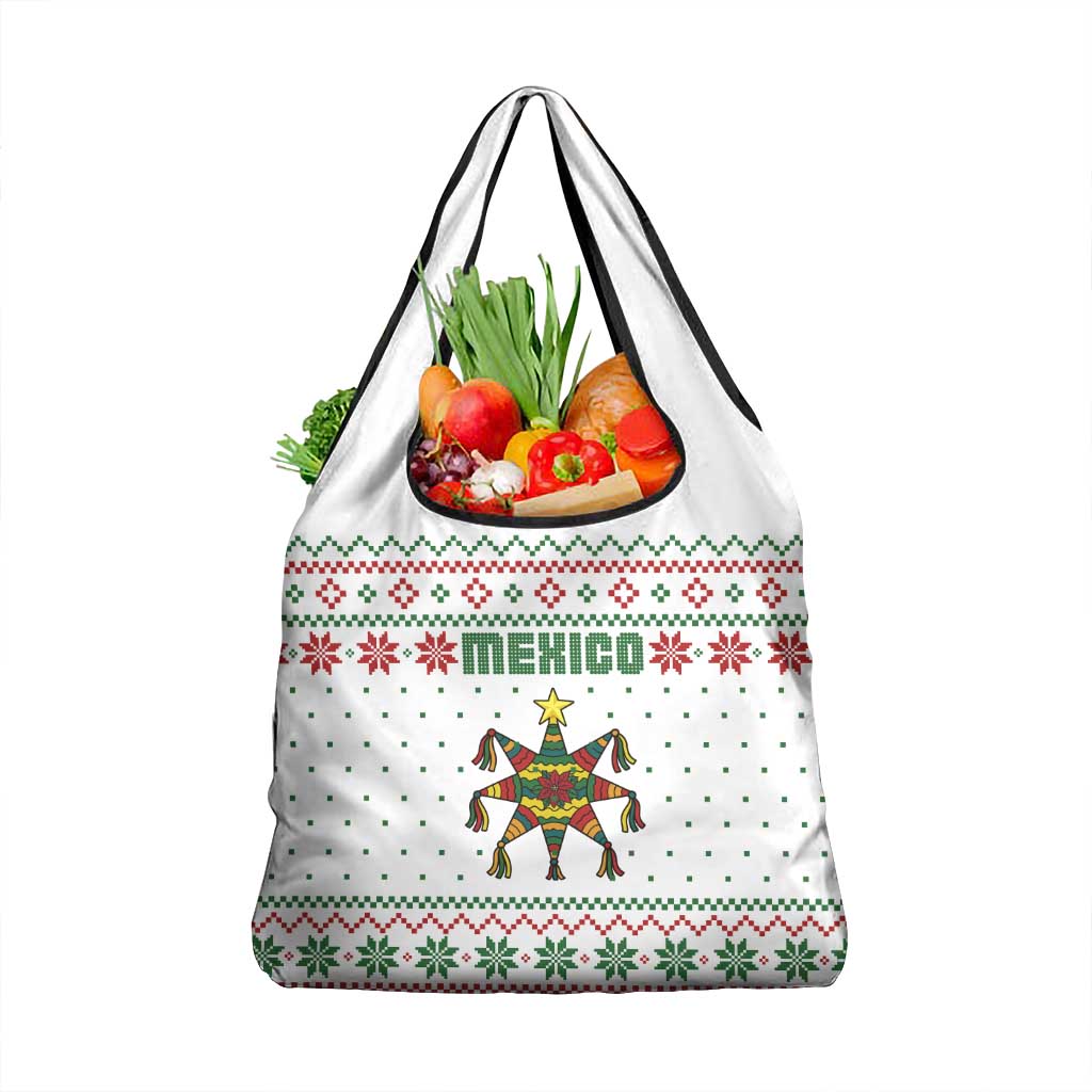 Mexico Christmas Grocery Bag with Piñata Star Design and Red Green Snowflake Pattern - Wonder Print Shop
