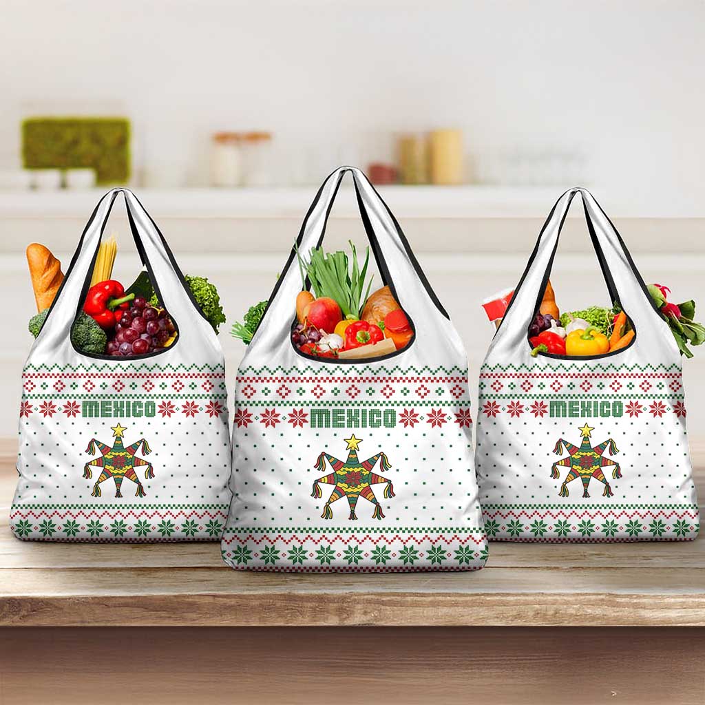 Mexico Christmas Grocery Bag with Piñata Star Design and Red Green Snowflake Pattern - Wonder Print Shop