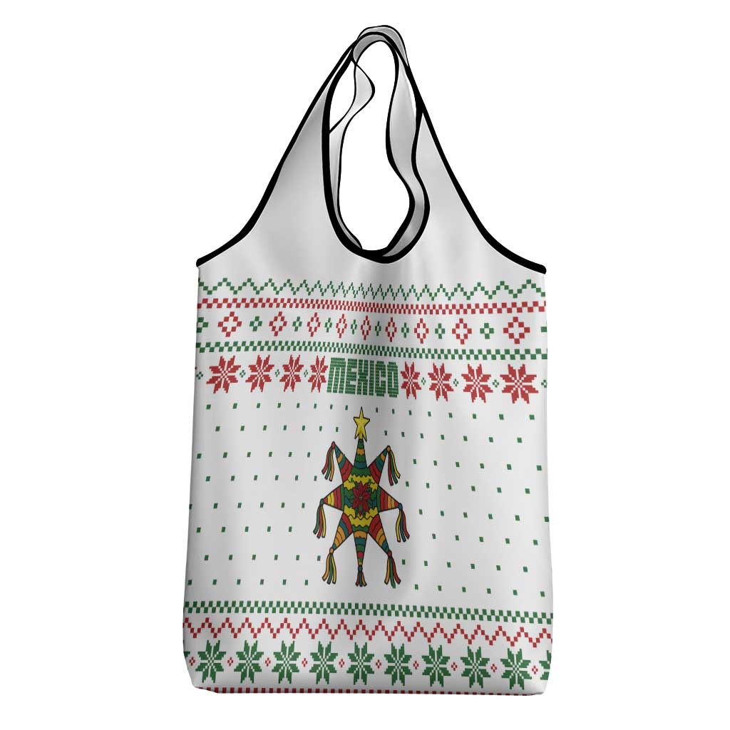 Mexico Christmas Grocery Bag with Piñata Star Design and Red Green Snowflake Pattern - Wonder Print Shop