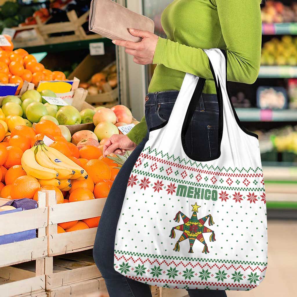 Mexico Christmas Grocery Bag with Piñata Star Design and Red Green Snowflake Pattern - Wonder Print Shop
