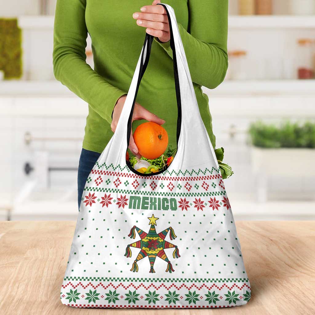 Mexico Christmas Grocery Bag with Piñata Star Design and Red Green Snowflake Pattern - Wonder Print Shop
