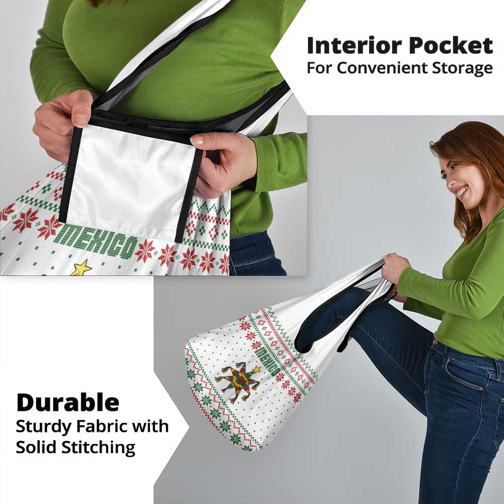 Mexico Christmas Grocery Bag with Piñata Star Design and Red Green Snowflake Pattern - Wonder Print Shop