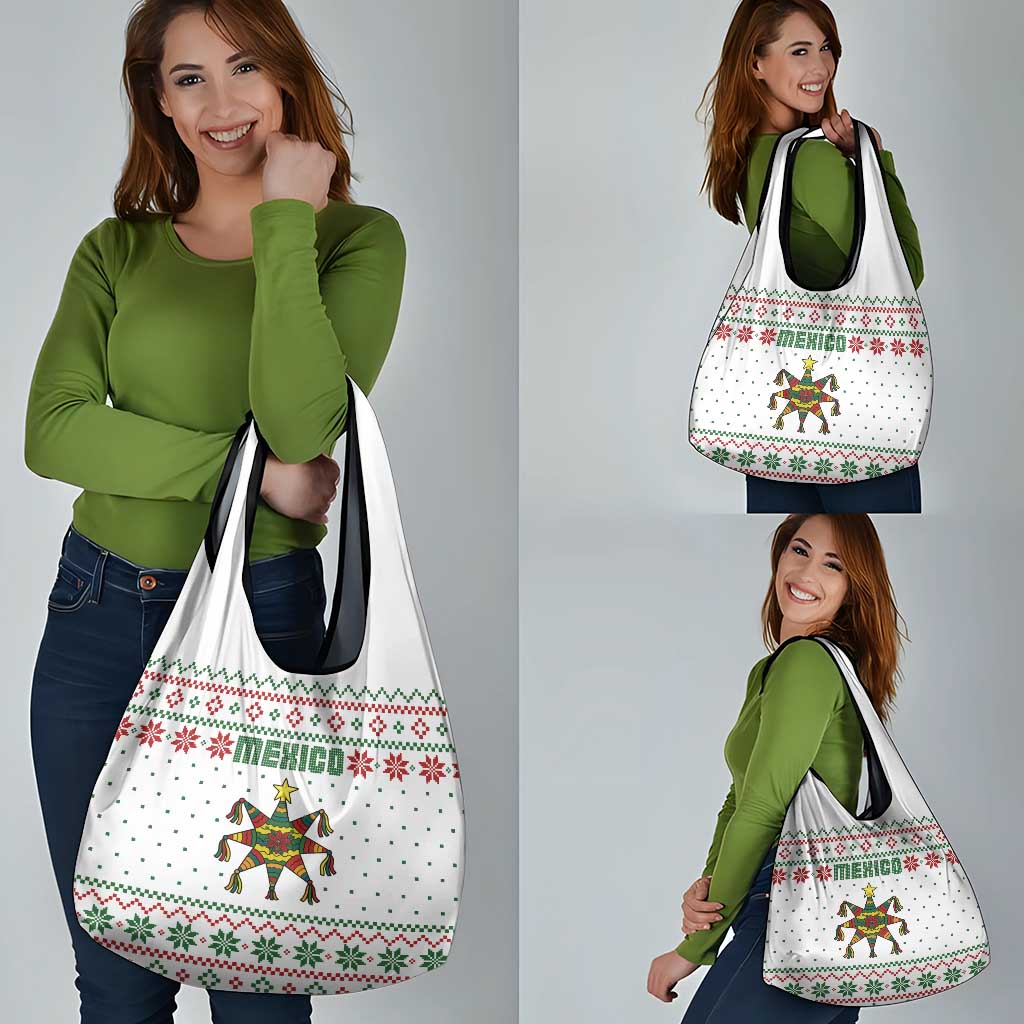 Mexico Christmas Grocery Bag with Piñata Star Design and Red Green Snowflake Pattern - Wonder Print Shop