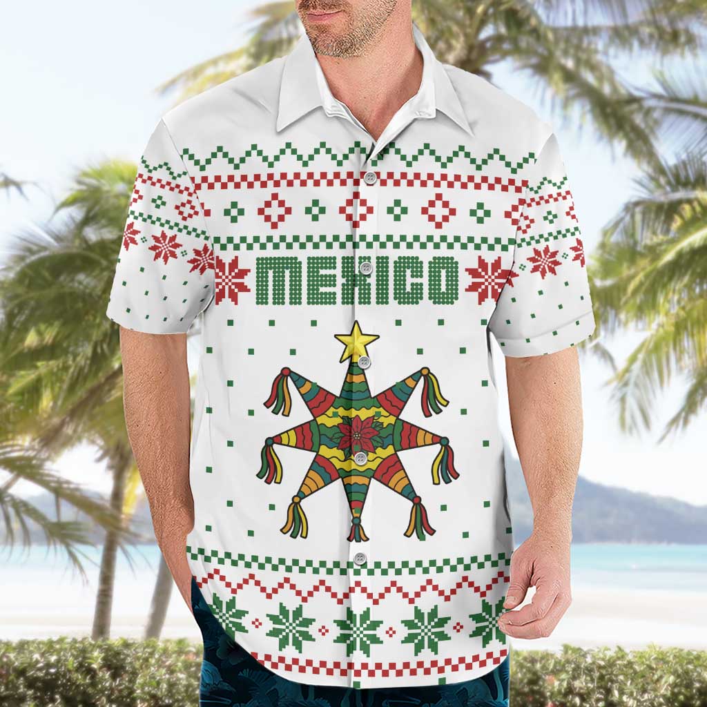 Mexico Christmas Hawaiian Shirt with Piñata Star Design and Red Green Snowflake Pattern - Wonder Print Shop