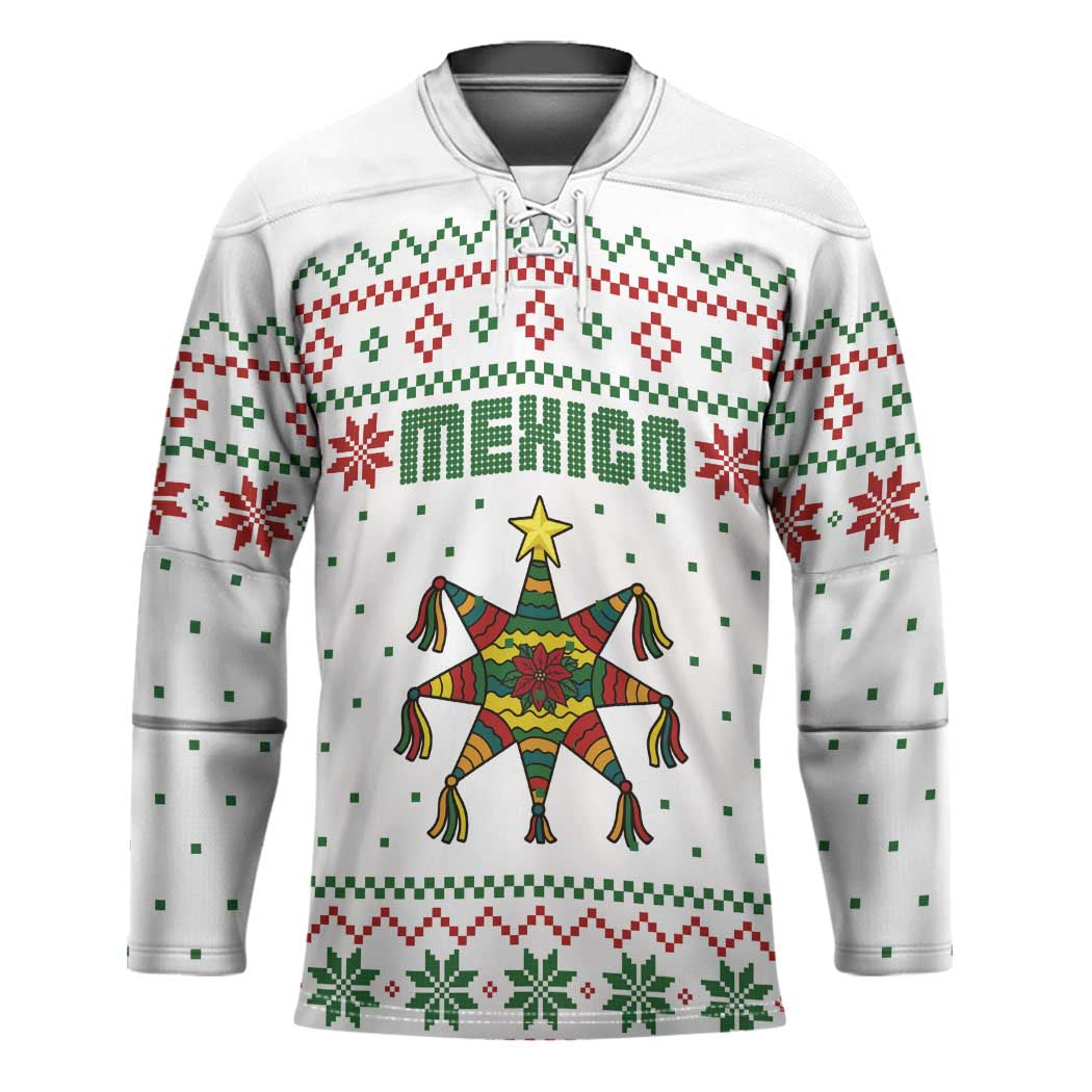 Mexico Christmas Hockey Jersey with Piñata Star Design and Red Green Snowflake Pattern - Wonder Print Shop