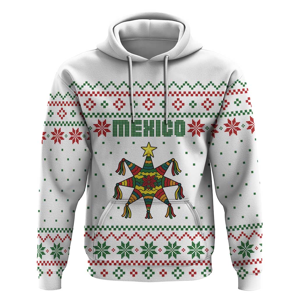 Mexico Christmas Hoodie with Piñata Star Design and Red Green Snowflake Pattern - Wonder Print Shop