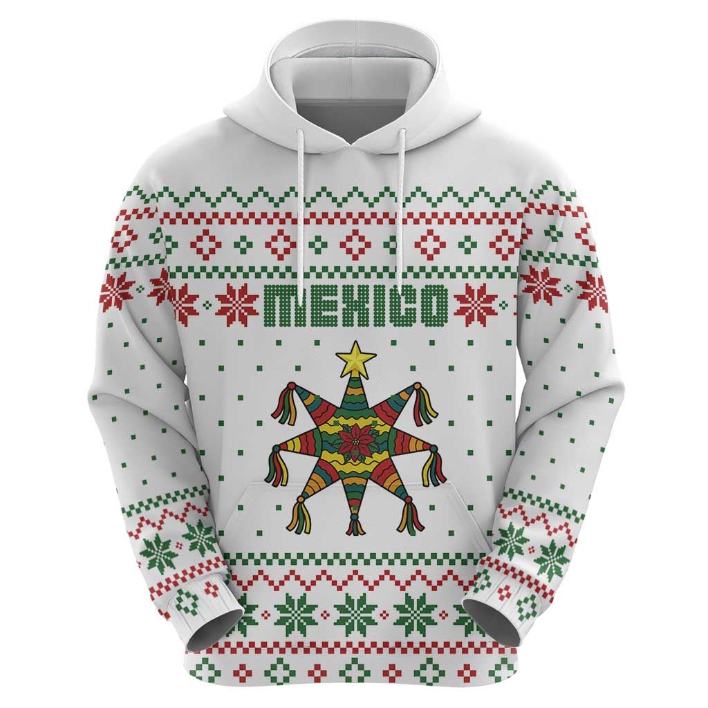 Mexico Christmas Hoodie with Piñata Star Design and Red Green Snowflake Pattern - Wonder Print Shop