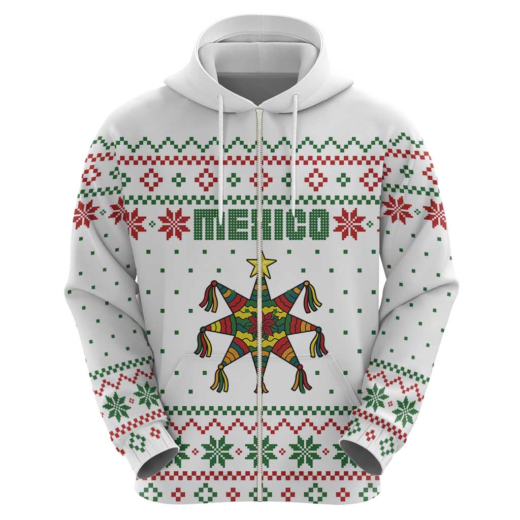Mexico Christmas Hoodie with Piñata Star Design and Red Green Snowflake Pattern - Wonder Print Shop