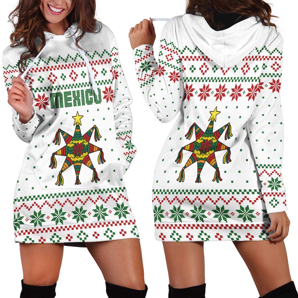 Mexico Christmas Hoodie Dress with Piñata Star Design and Red Green Snowflake Pattern - Wonder Print Shop