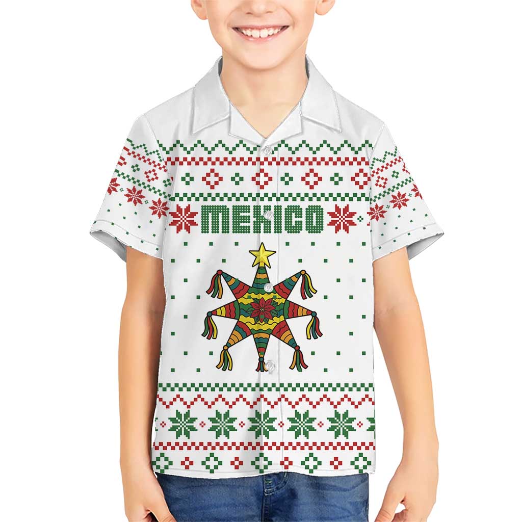 Mexico Christmas Kid Hawaiian Shirt with Piñata Star Design and Red Green Snowflake Pattern - Wonder Print Shop