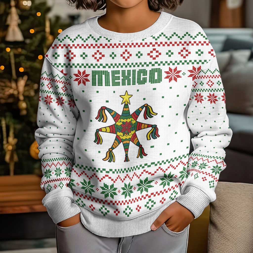 Mexico Christmas Kid Ugly Christmas Sweater with Piñata Star Design and Red Green Snowflake Pattern - Wonder Print Shop