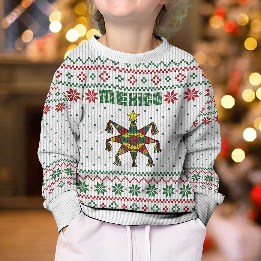 Mexico Christmas Kid Ugly Christmas Sweater with Piñata Star Design and Red Green Snowflake Pattern - Wonder Print Shop