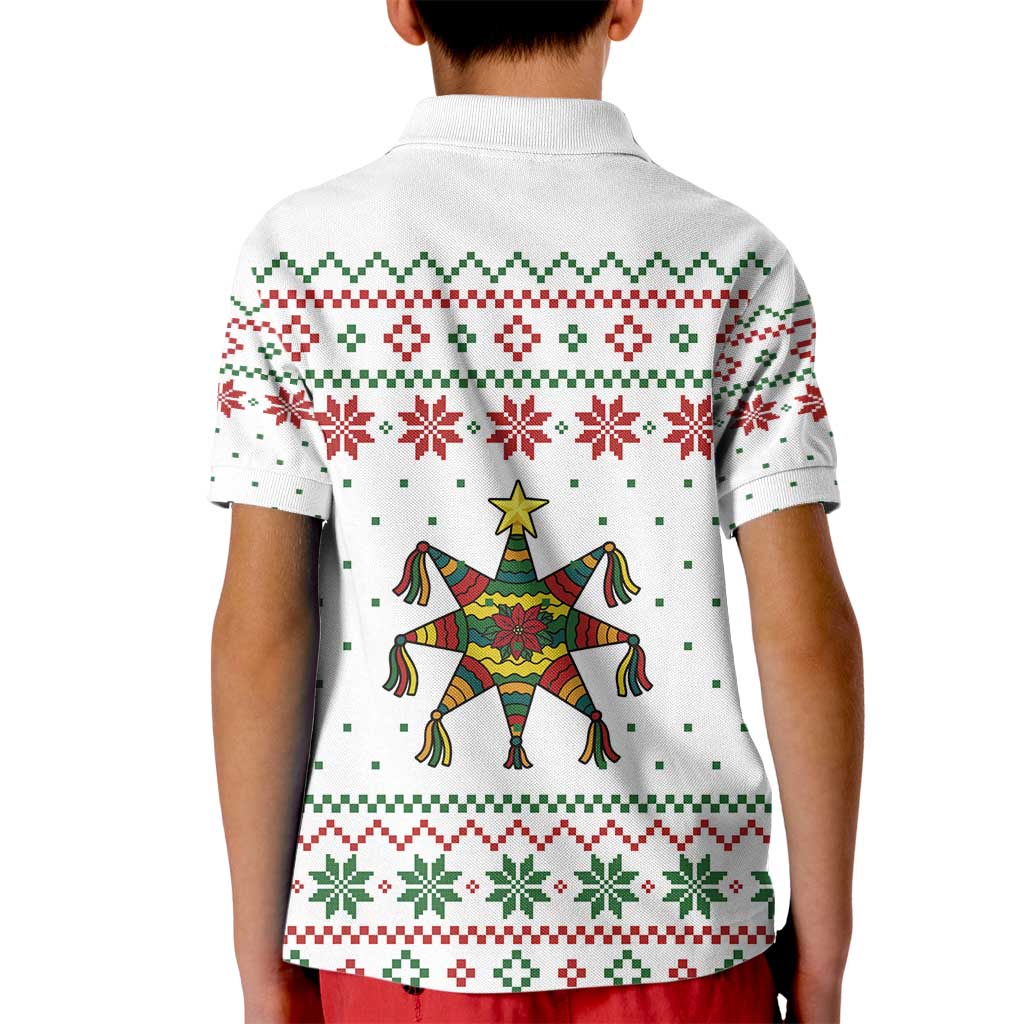 Mexico Christmas Kid Polo Shirt with Piñata Star Design and Red Green Snowflake Pattern - Wonder Print Shop