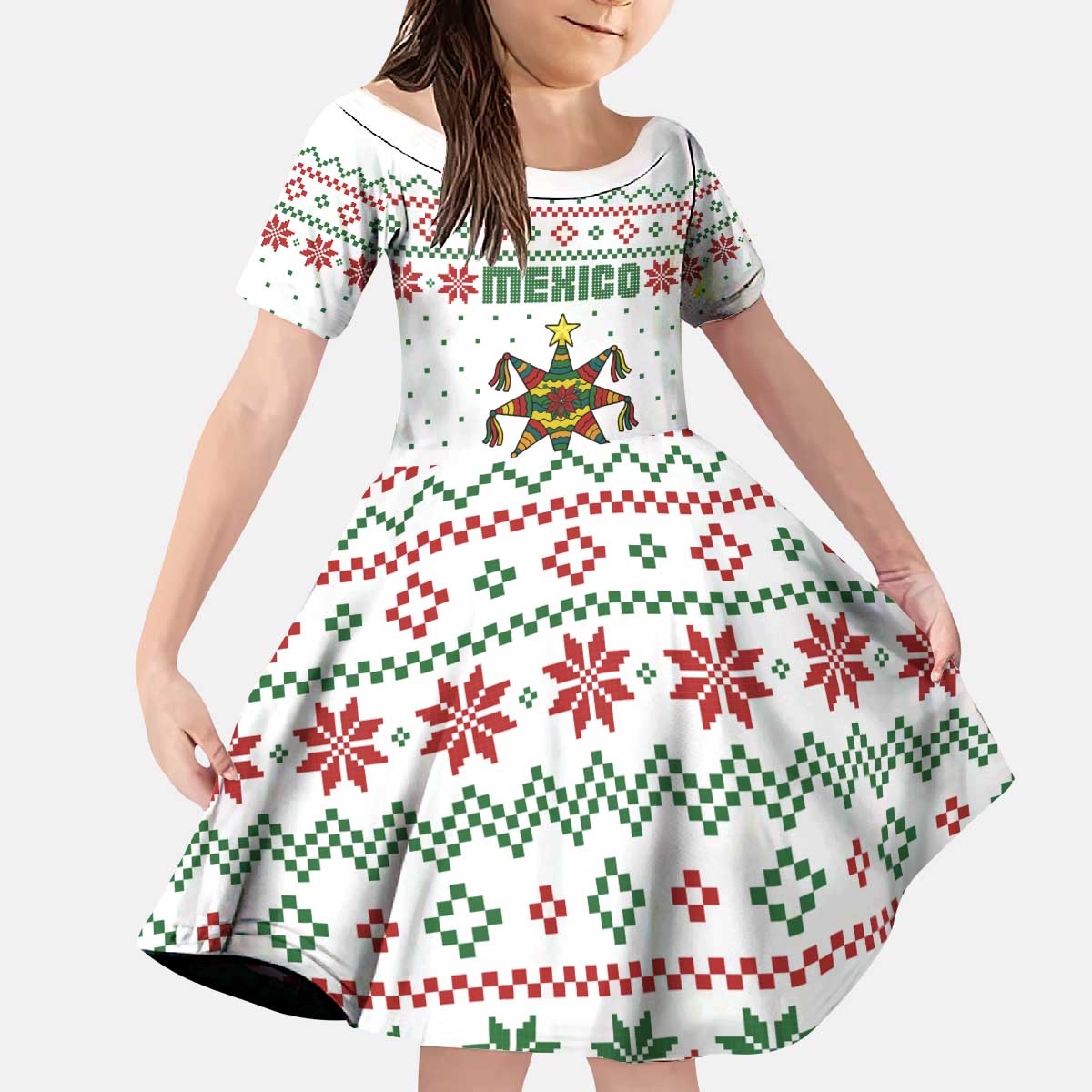 Mexico Christmas Kid Short Sleeve Dress with Piñata Star Design and Red Green Snowflake Pattern - Wonder Print Shop