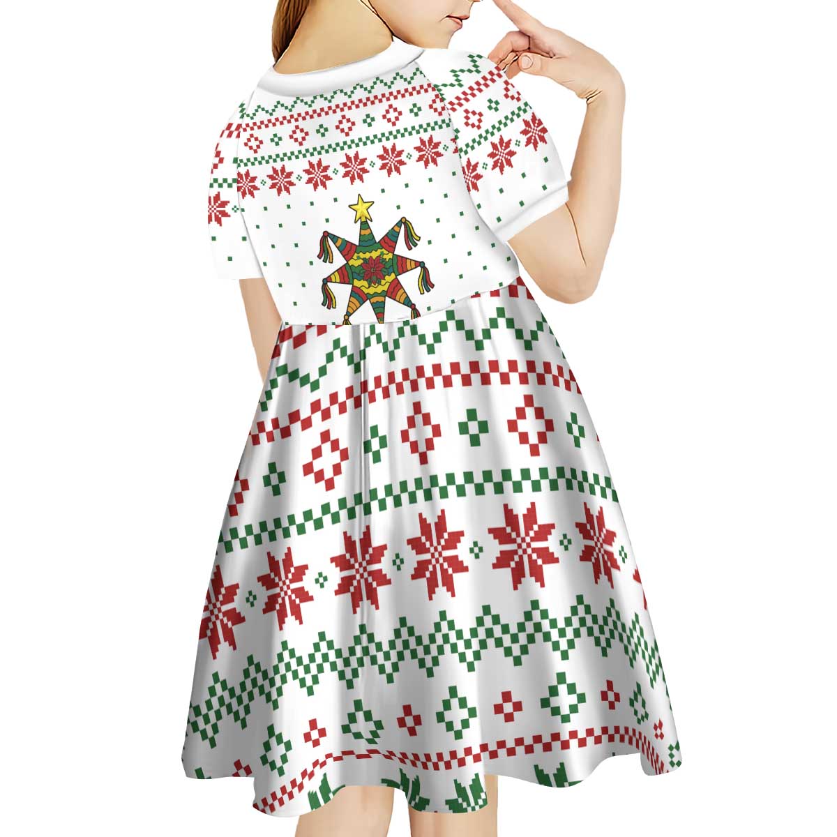 Mexico Christmas Kid Short Sleeve Dress with Piñata Star Design and Red Green Snowflake Pattern - Wonder Print Shop