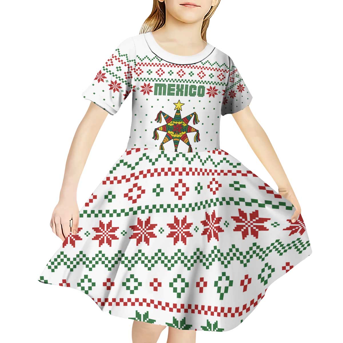 Mexico Christmas Kid Short Sleeve Dress with Piñata Star Design and Red Green Snowflake Pattern - Wonder Print Shop