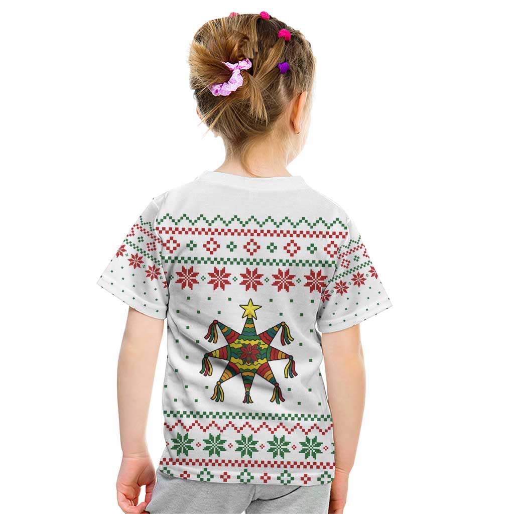 Mexico Christmas Kid T Shirt with Piñata Star Design and Red Green Snowflake Pattern - Wonder Print Shop