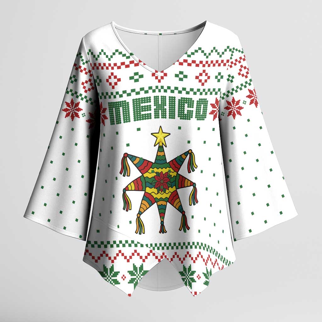 Mexico Christmas Kimono Sleeve Blouse with Piñata Star Design and Red Green Snowflake Pattern - Wonder Print Shop