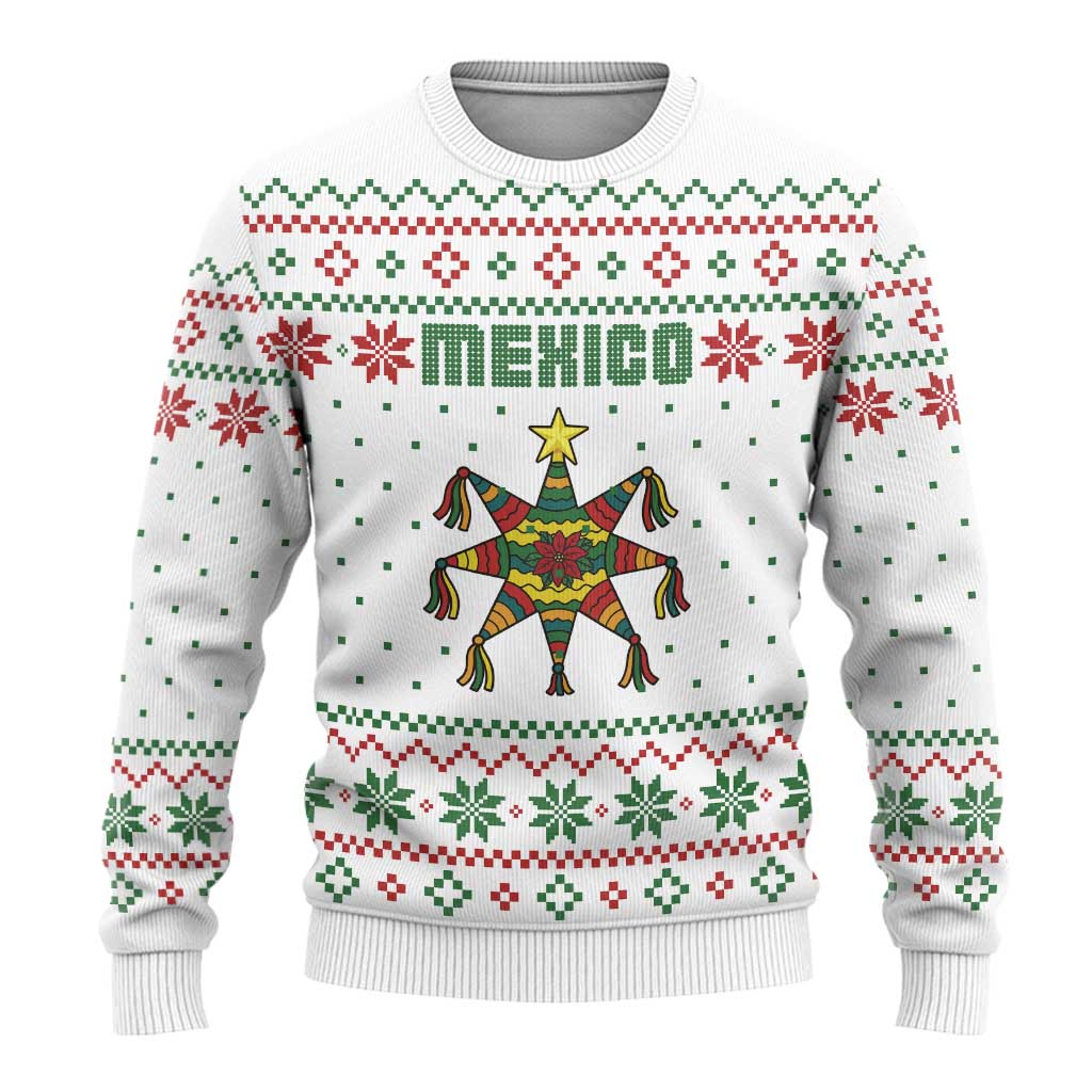 Mexico Christmas Ugly Christmas Sweater with Piñata Star Design and Red Green Snowflake Pattern - Wonder Print Shop