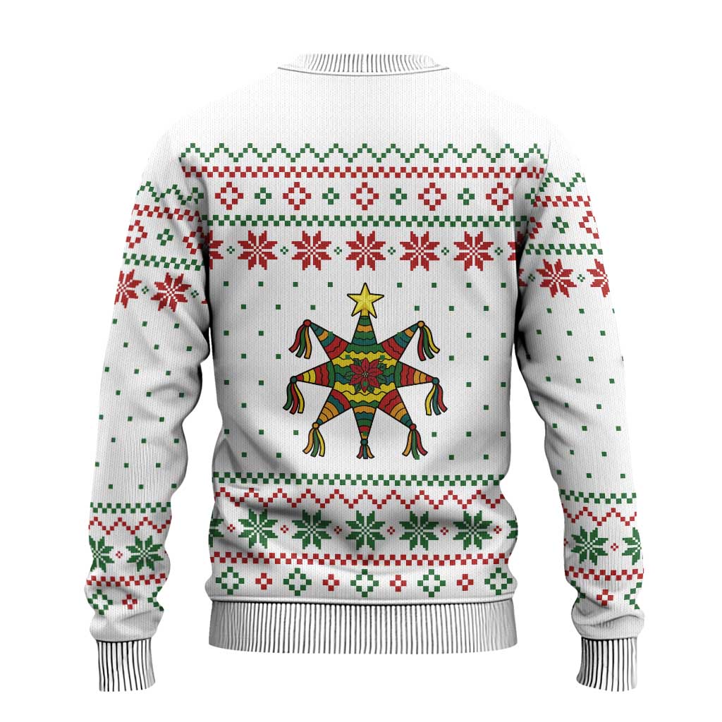 Mexico Christmas Ugly Christmas Sweater with Piñata Star Design and Red Green Snowflake Pattern - Wonder Print Shop