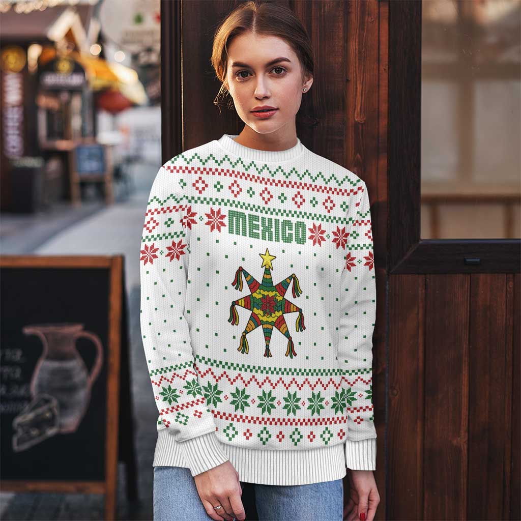 Mexico Christmas Ugly Christmas Sweater with Piñata Star Design and Red Green Snowflake Pattern - Wonder Print Shop