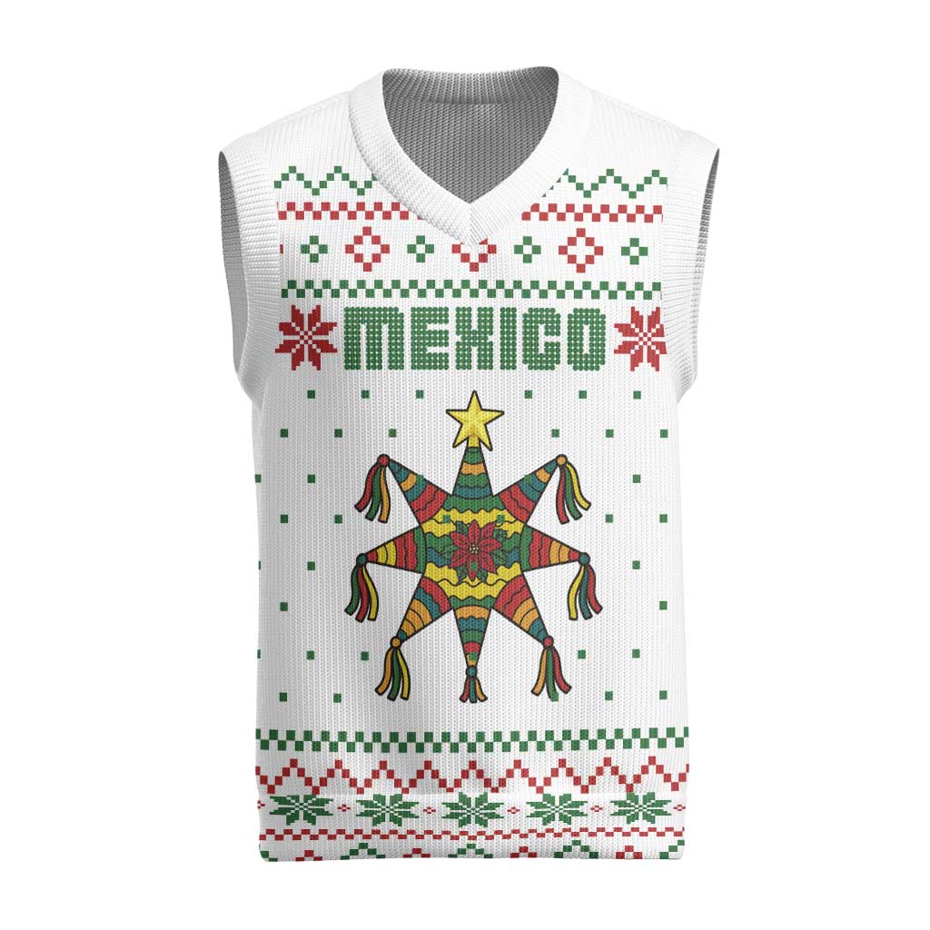 Mexico Christmas Knitted V-Neck Vest with Piñata Star Design and Red Green Snowflake Pattern - Wonder Print Shop