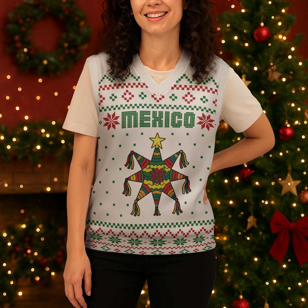 Mexico Christmas Knitted V-Neck Vest with Piñata Star Design and Red Green Snowflake Pattern - Wonder Print Shop