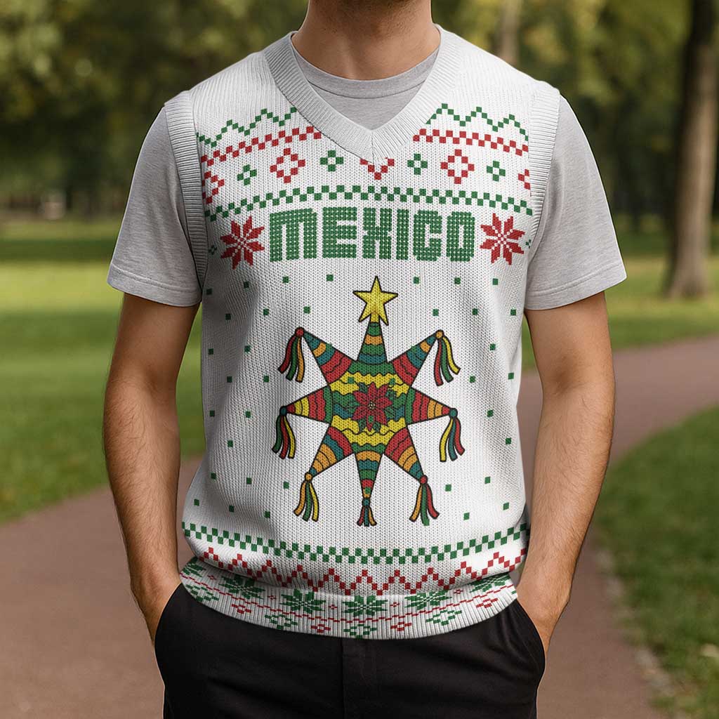 Mexico Christmas Knitted V-Neck Vest with Piñata Star Design and Red Green Snowflake Pattern - Wonder Print Shop