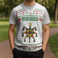 Mexico Christmas Knitted V-Neck Vest with Piñata Star Design and Red Green Snowflake Pattern - Wonder Print Shop