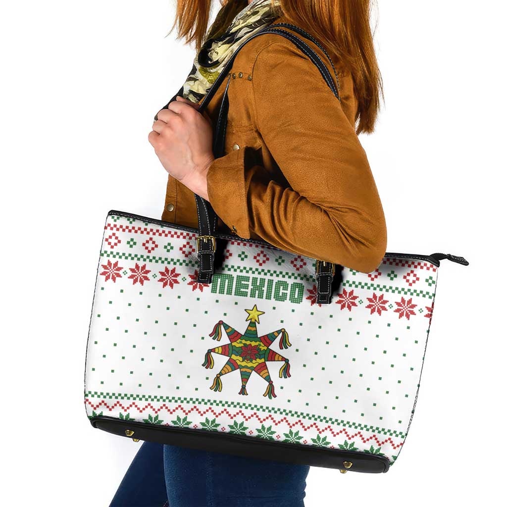 Mexico Christmas Leather Tote Bag with Piñata Star Design and Red Green Snowflake Pattern - Wonder Print Shop
