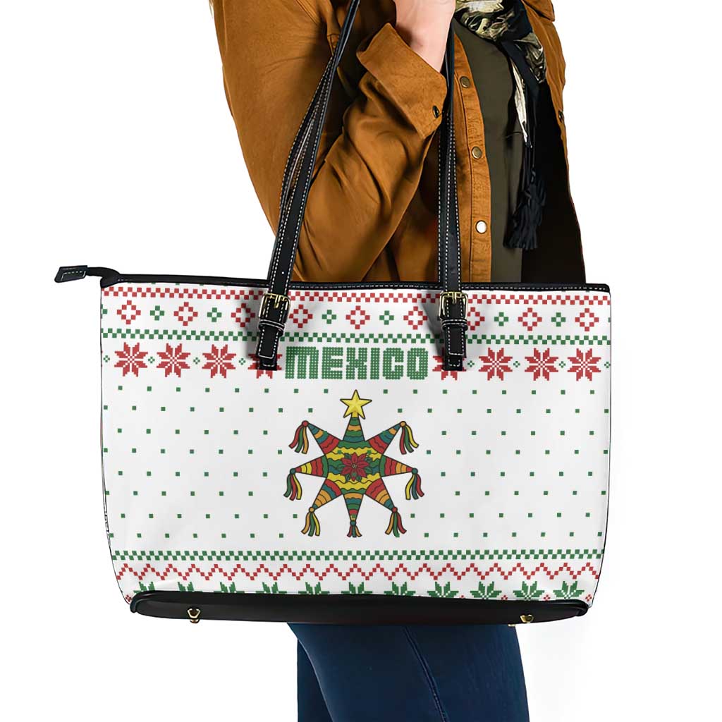 Mexico Christmas Leather Tote Bag with Piñata Star Design and Red Green Snowflake Pattern - Wonder Print Shop