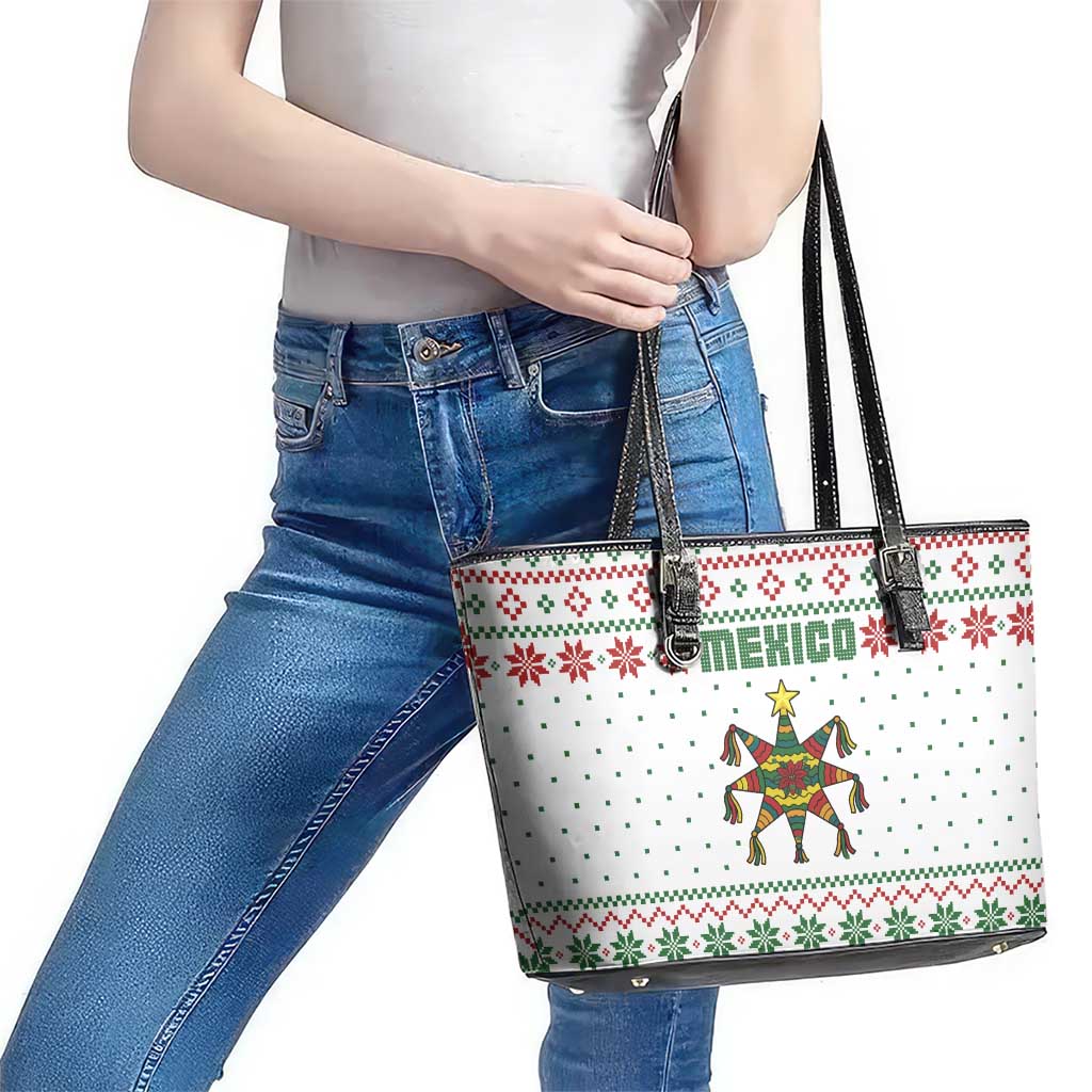 Mexico Christmas Leather Tote Bag with Piñata Star Design and Red Green Snowflake Pattern - Wonder Print Shop