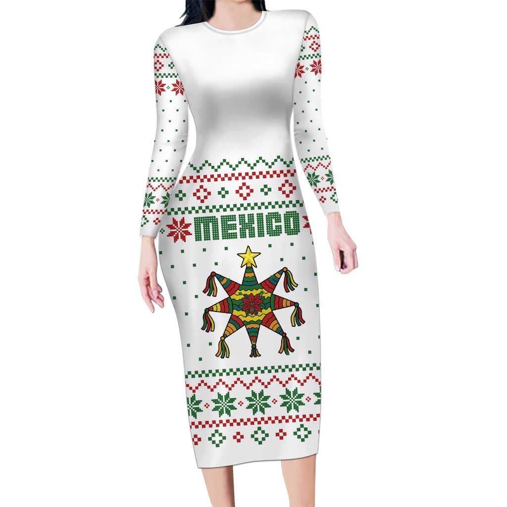 Mexico Christmas Long Sleeve Bodycon Dress with Piñata Star Design and Red Green Snowflake Pattern - Wonder Print Shop